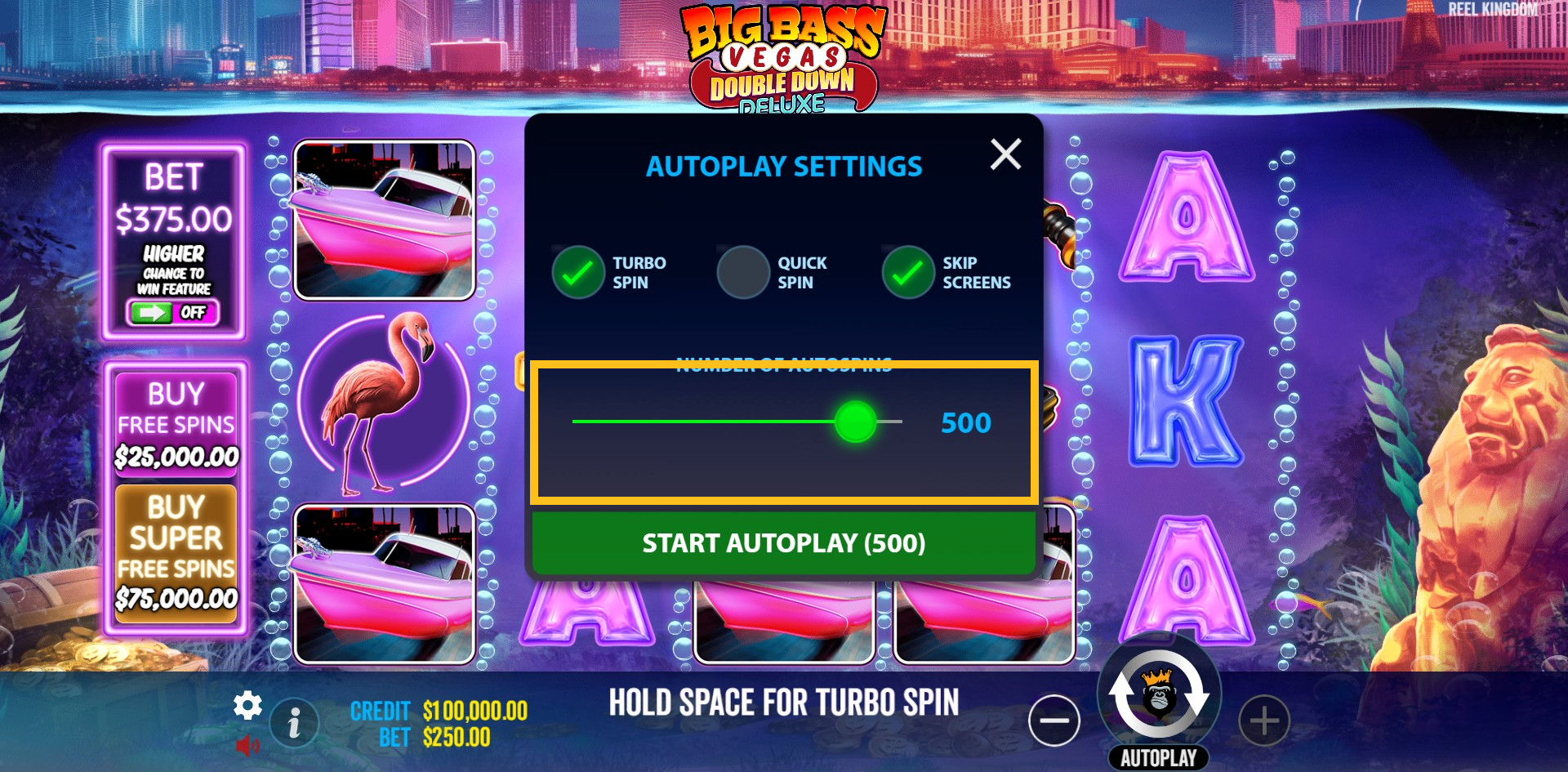 Setting number of autospins in Big Bass Vegas