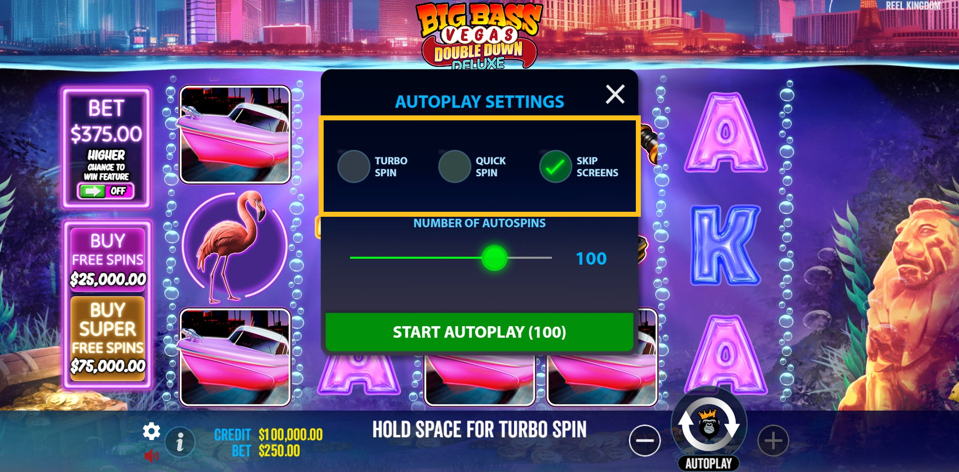 Setting autoplay options in Big Bass Vegas