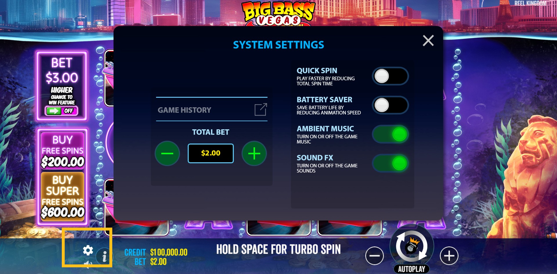 Big Bass Vegas settings menu