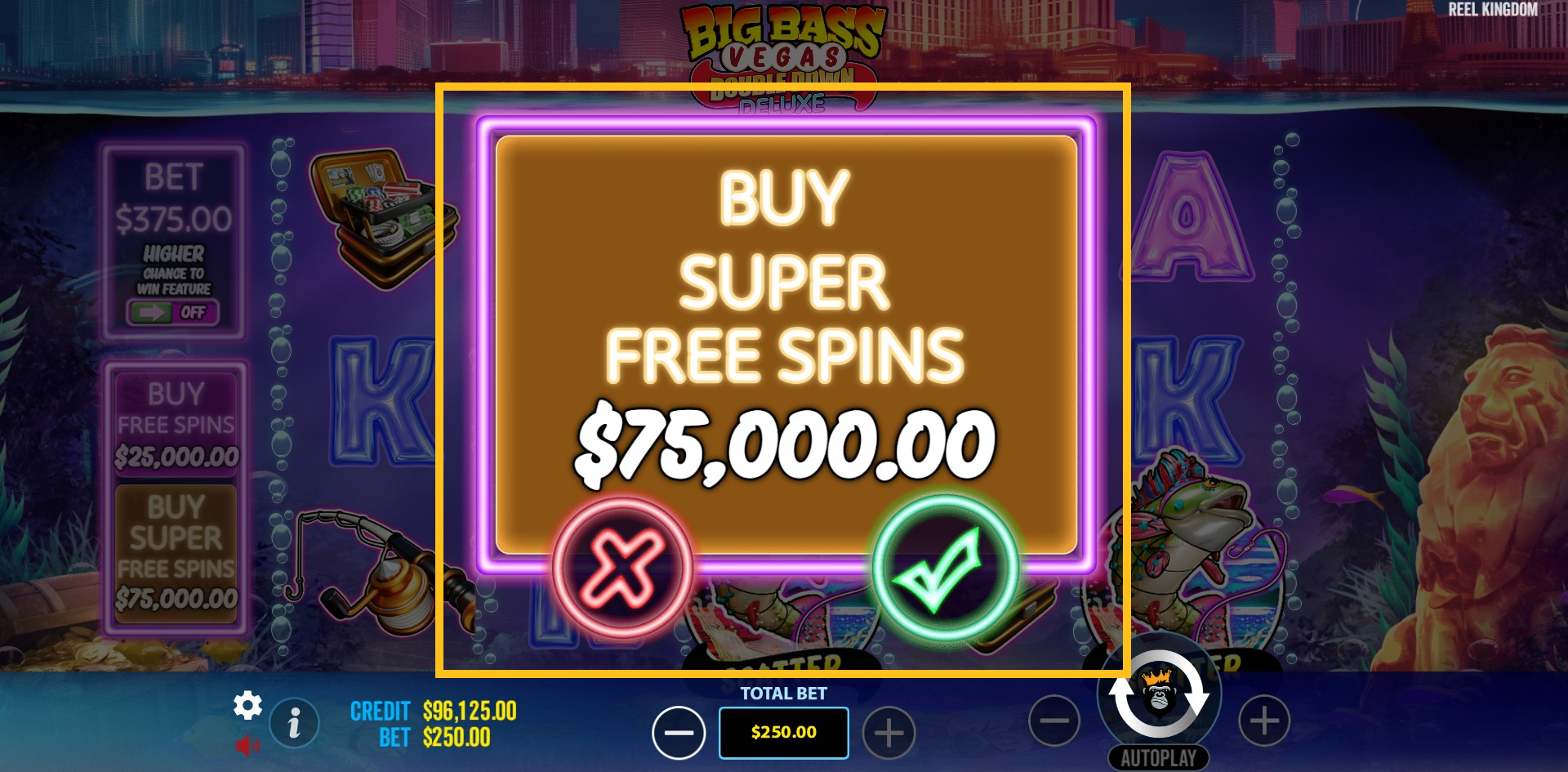 Confirming bonus purchase in Big Bass Vegas